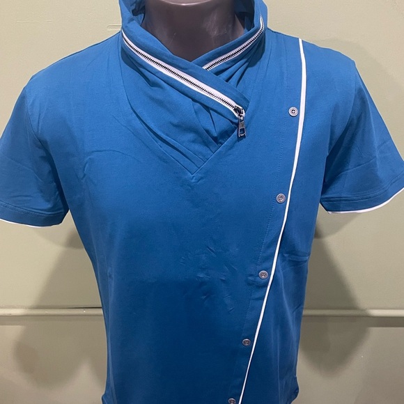 Vassari Men's Blue Short Sleeve Shirt slant button Shawneck modern fit - Picture 4 of 4